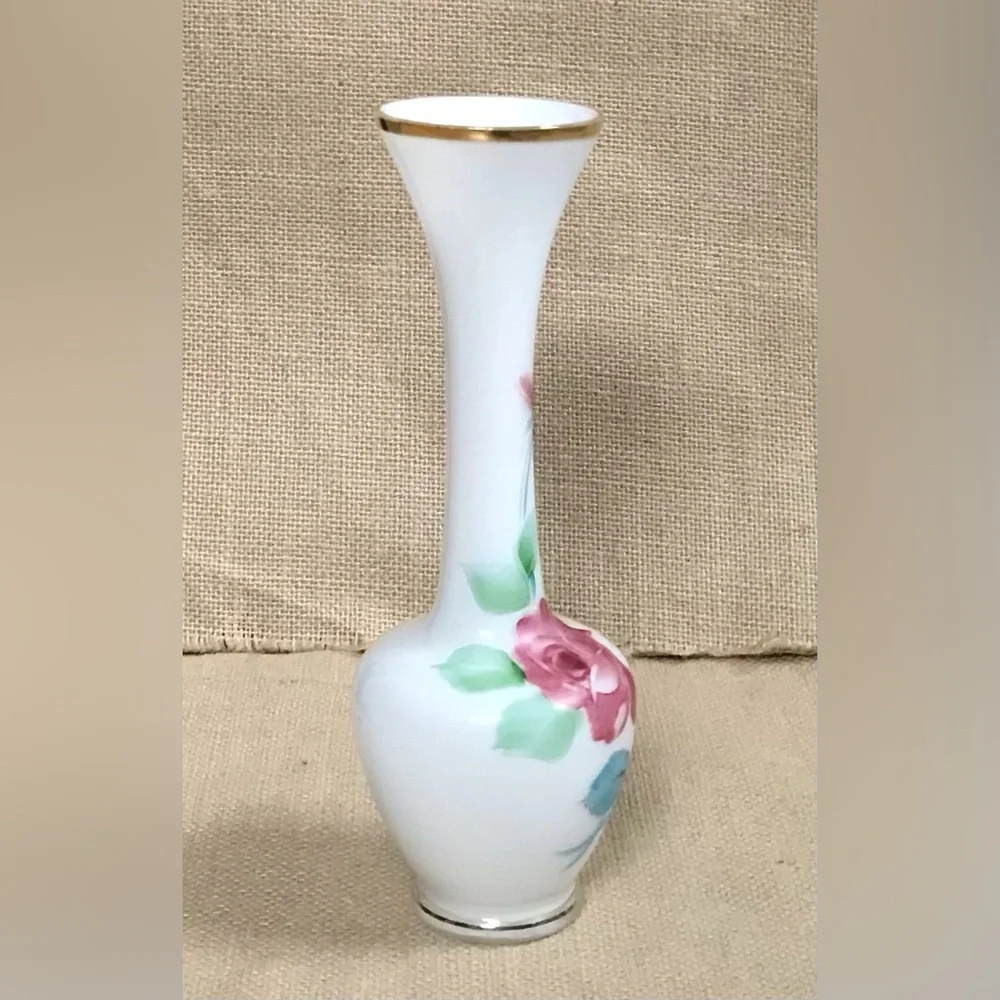 Vintage White Floral Glass Vase Hand Painted Grandma Cottage Core Romance